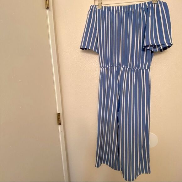 Blue minimal Stripe Culotte Jumpsuit off shoulder romper blue coastal preppy S - Picture 7 of 10